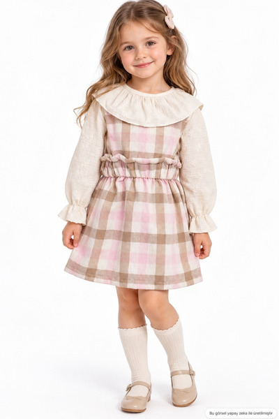 FESSHERA Girl's Set: Muslin Blouse and Plaid Patterned Overalls