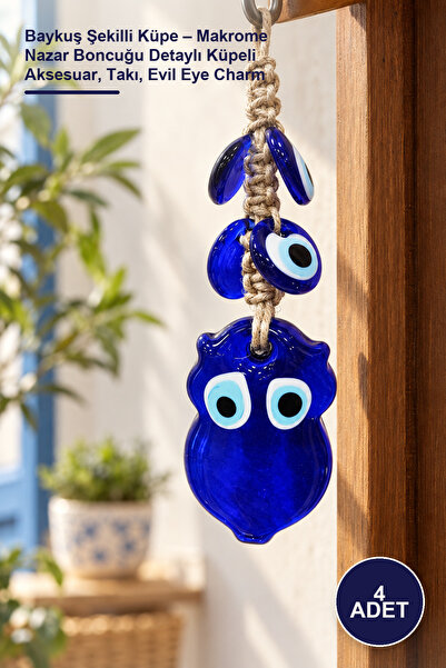 4 Adet Baykuş Şekilli Küpe – Makrome Nazar Boncuğu Detaylı Küpeli Aksesuar, Takı, Evil Eye Charm