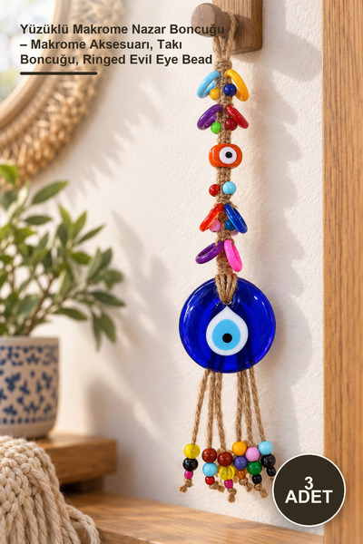 3 Adet Yüzüklü Makrome Nazar Boncuğu – Makrome Aksesuarı, Takı Boncuğu, Ringed Evil Eye Bead