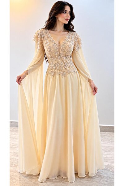 Olivia Style فستان سهرة نسائي ماكسي بلون شامبين بتطريز فاخر وأكمام واسعة
