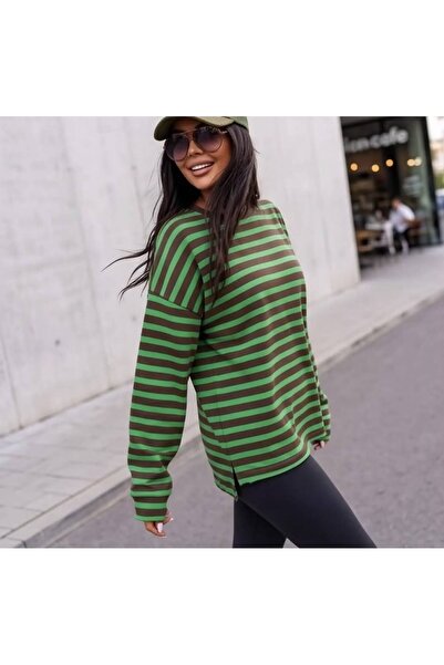 moda gk Çizgili Bisiklet Yaka Oversize Düşük Kol Örme Sweatshirt