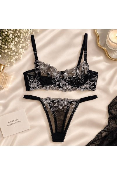 L&S LOVESECRET Dantelli Çiçek İşlemeli Balenli Tül Sütyen/Tanga Takım