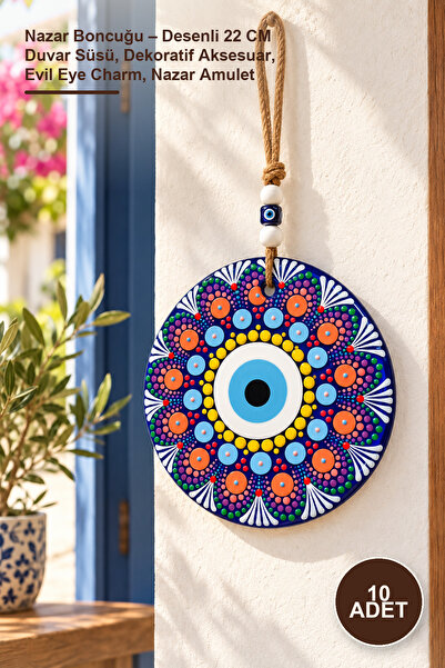 10 Adet Nazar Boncuğu – Desenli 22 CM Duvar Süsü, Dekoratif Aksesuar, Evil Eye Charm, Nazar Amulet