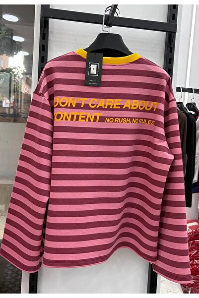 moda gk Çizgili Bisiklet Yaka Oversize Düşük Kol Örme Sweatshirt