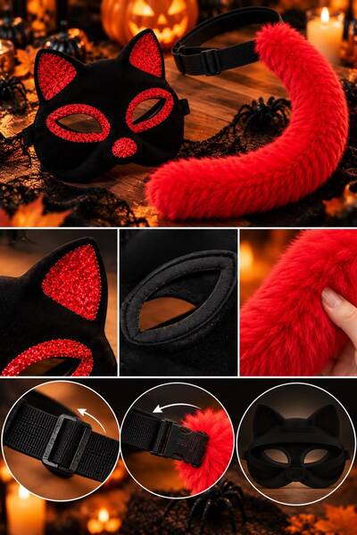 Munico Kırmızı Kedi Kostümü Maske ve Peluş Kuyruk Seti Yetişkin Çocuk Parti C...