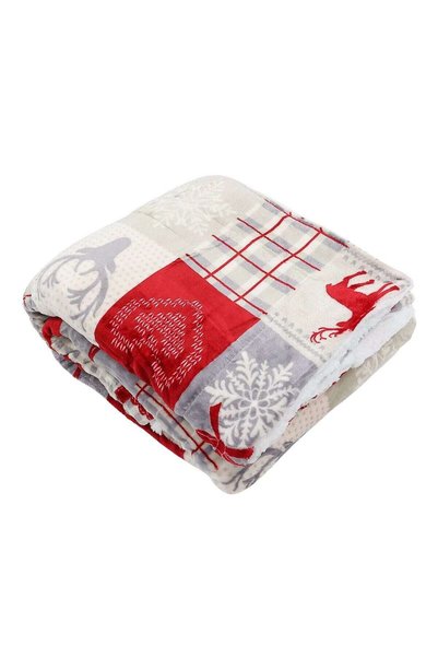 Caressa Patura Pat Craciun, 160 x 220 cm, pentru 1 Persoana, Doua Fete, Imprimeu Reni, Inimi si Brazi, Spate Sherpa, Poliester, Multicolor