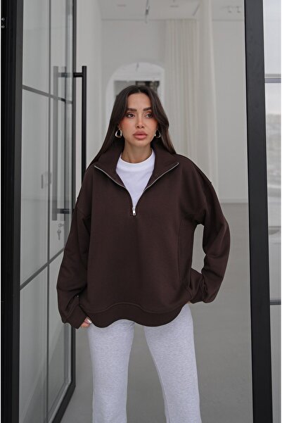 Havoş Kahverengi Collar Fermuarlı Dik Yaka Sweatshirt