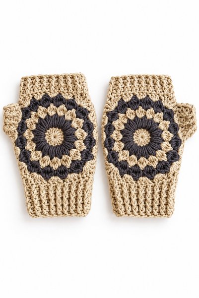 Awesomecrochet Women's Fingerless Knitted Gloves Cream Beige Floral Motif Handmade Winter Gloves