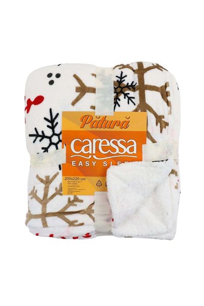 Caressa Patura Pat Craciun, 200 x 220 cm, pentru 2 Persoane, Doua Fete, Imprimeu Fulgi de Zapada Colorati, Spate Sherpa, Poliester, Multicolor