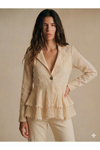 Generic Brand Women's Champagne Bloom Chikankari Raw Silk Peplum Jacket