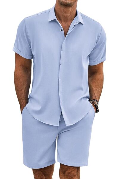 COOFANDY Men's Summer Beach Outfits 2 Piece Short Sleeve Shirts and Shorts Va...