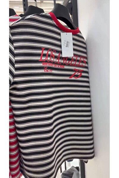 moda gk Çizgili Bisiklet Yaka Oversize Düşük Kol Örme Sweatshirt