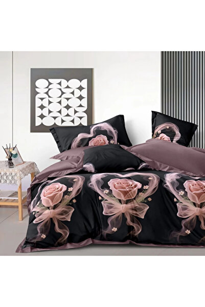 decorami Double bed linen with Stretchy, Finet, 6 pieces, Black, pink roses