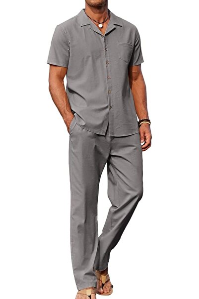COOFANDY Men 2 Piece Linen Outfit Beach Button Down Shirt Casual Loose Pant Sets
