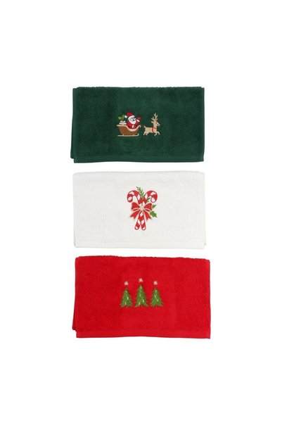 Caressa Set Prosoape Bucatarie Craciun, 3 Bucati, 30 x 50 cm, Bumbac 500 g/mp, Broderie Mos Craciun, Brazi si Acadele, Multicolor