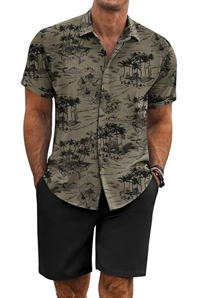 COOFANDY Men's Summer Beach Outfits 2 Piece Short Sleeve Shirts and Shorts Va...