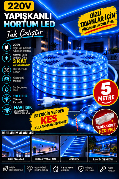 LED PAZARI 5 MT MAVİ ŞERİT LED 220 volt MOTOR İSTEMEZ TAK ÇALIŞTIR YAPIŞKANLI...