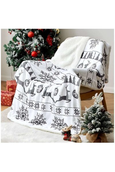 Atria Patura Pat Craciun, 180 x 200 cm, Fata Micro Flanel 220 g/mp, Spate Sherpa 180 g/mp, Model Reni si Fulgi de Zapada, Alb cu Gri