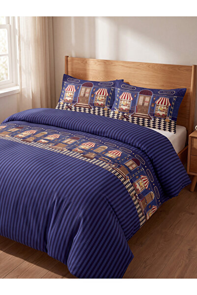 LC Waikiki Lcw Home Navy Blue Striped Patterned Double Cotton Duvet Cover Set...