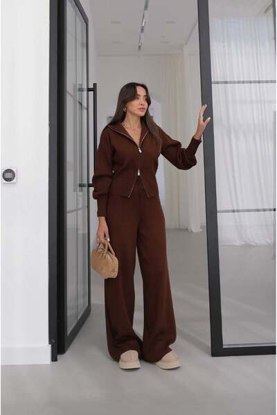 Havoş Brown Fens Double Zipper Cardigan Pants Knitwear Set