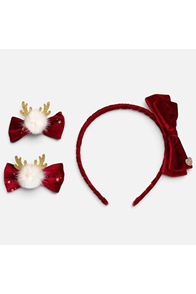 OEM Set 3 Accesorii de Par de Craciun Coronita Rosie cu Aspect Catifelat Fund...