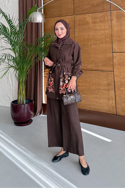 Rimel Moda Nakışlı Style Takım Kahverengi