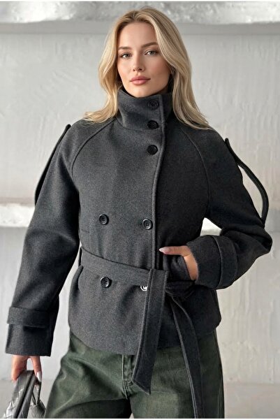 PRİFALDİ Agli̇mmer Comfortable Fit Women's Stand Collar Belted Short Lined Smoked Cashmere Coat