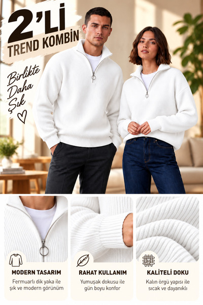 NQX PULL PROFESSIONAL Erkek Kombin Salaş Yarım Fermuarlı Kışlık Selanik Fitilli Triko Kazak 2 Lİ KOMBİN