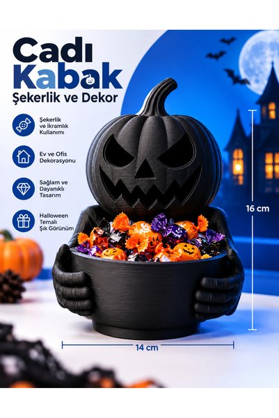 Demir Bayrak Halloween Kabak Şekerlik – Siyah Dekoratif Cadı Kabak Figürlü Şe...