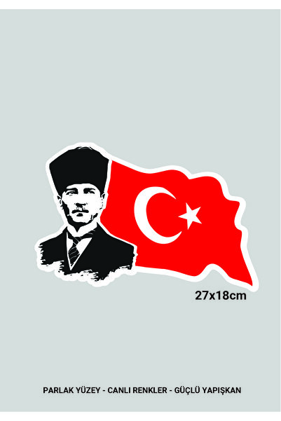 Atatürk Silüeti ve Türk Bayrağı Sticker (27x18.5cm) Parlak Beyaz Sticker