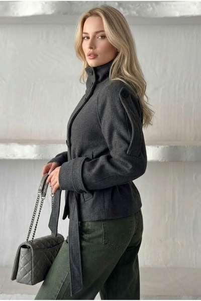 PRİFALDİ Agli̇mmer Comfortable Fit Women's Stand Collar Belted Short Lined Smoked Cashmere Coat