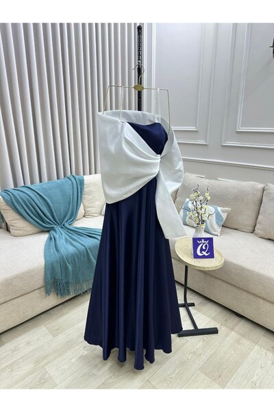 BAIT NAWAEM Luxury Black and Navy Blue Evening Dress with White Satin Shawl