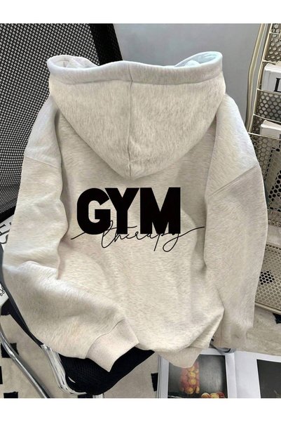 modaberry Gray Gym Sweatshirt - Printed Oversize Hooded Sweatshirt