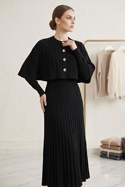 bacc Women's Black Knitted Patterned Cape Poncho and Long Sleeve Knitwear Dre...