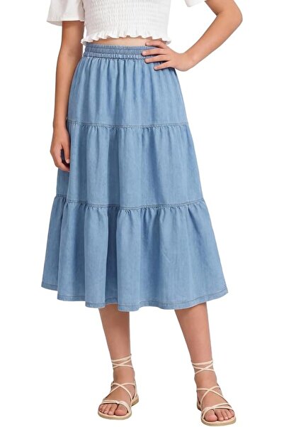 GENERAL SEAUR Girls Jean Skirt Tiered Ruffle Hem Elastic Waist A-Line Denim S...