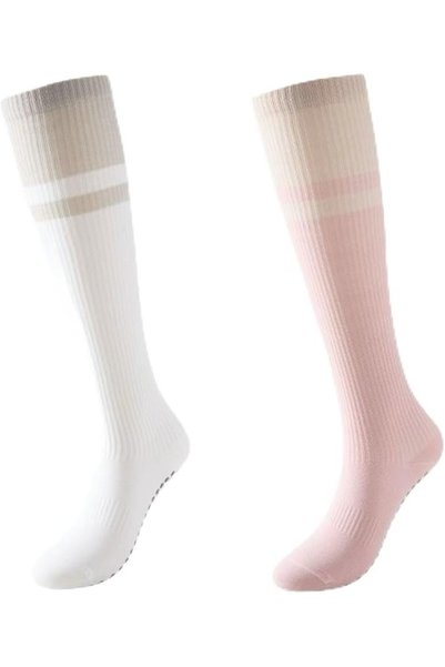 TERRIFI Pilates Socks Women with Full Sole Grip, 2-Color Set of Ribbed Mid-Ca...