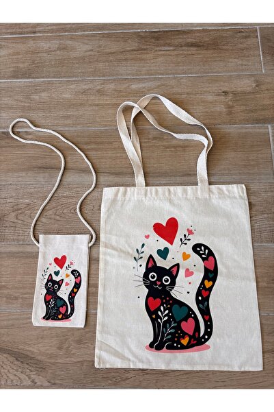 BİLGENS BUTİK Cotton Raw Fabric Figure Printed Bag and Mobile Phone Bag (Pack...