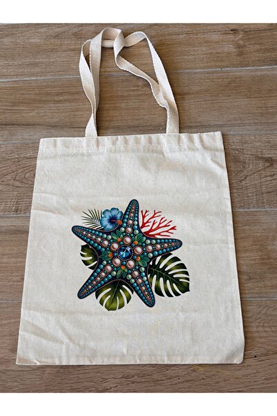 BİLGENS BUTİK Natural Cotton Raw Fabric Figure Printed Practical Bag (35X41 cm)