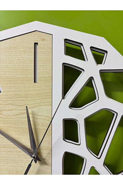 Nixar Desing Geometrik Duvar Saati Ahşap Desenli Siyah Modern Dekoratif Sessiz Akar Saniye 41 cm Lazer Kesim MDF