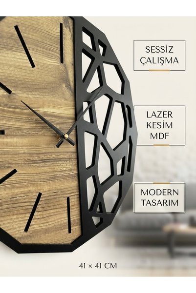 Nixar Desing Geometrik Duvar Saati Ahşap Desenli Siyah Modern Dekoratif Sessiz Akar Saniye 41 cm Lazer Kesim MDF