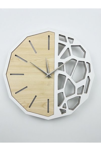Nixar Desing Geometrik Duvar Saati Ahşap Desenli Siyah Modern Dekoratif Sessiz Akar Saniye 41 cm Lazer Kesim MDF