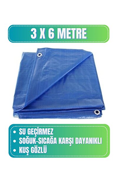 Evkar 3x6 metre Su Geçirmez Pullu Çadır Branda Tente Yağmurluk Gölgelik 3x6m - Mavi