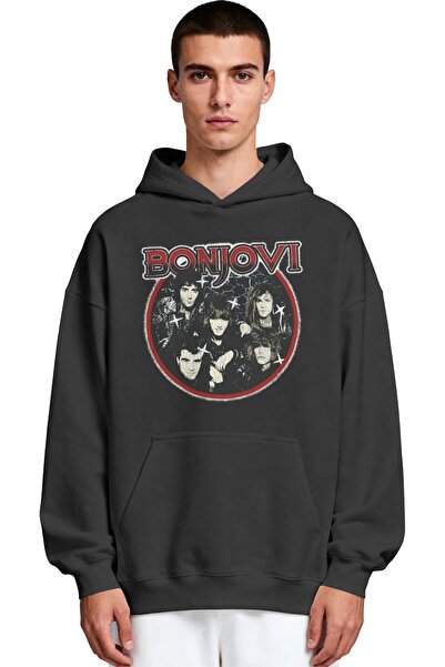 SEVBANO Hanorac premium oversize unisex cu imprimeu frontal Bon Jovi Rock Met...