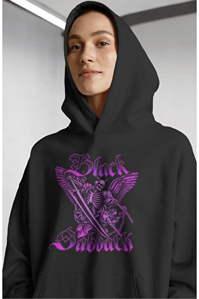 SEVBANO Hanorac premium oversize unisex cu imprimeu frontal Black Sabbath Roc...