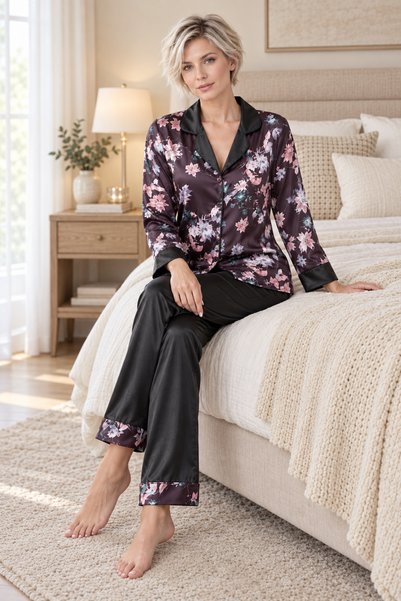 Loule Women's Floral Patterned Shirt Satin Long Pajama Set Black