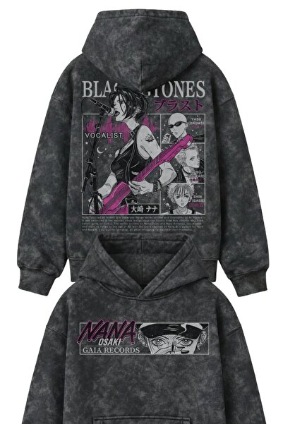 Fuddy Moda Hanorac anime unisex oversize, negru, cu pietre, cu imprimeu Nana ...