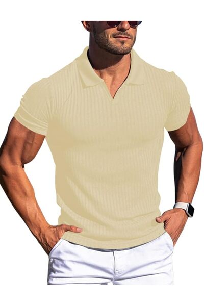 GENERAL Men's Muscle V Neck Polo Shirts Slim Fit Short Long Sleeve Cotton Gol...
