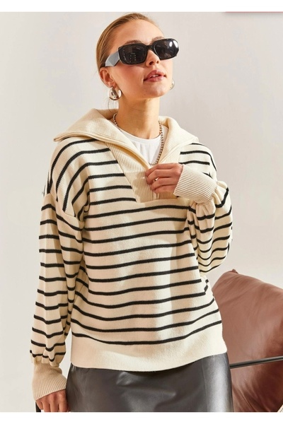 DAMGA Collection Women's Zippered Half Turtleneck Striped Sweater