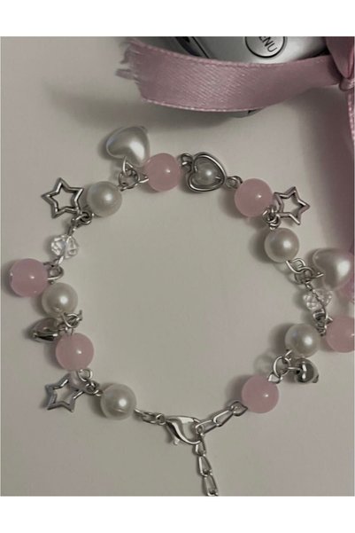 REMBER JEW Y2K Style Pink Pearl and Heart Cute Charm Handmade Bracelet