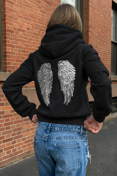 Weekeep Pul İşlemeli Melek Kanatlı Streetwear Hoodie / Y2K Sırt Detay Hoodie